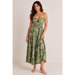 Trixxi Maxi Dress Tiered Tie Front Green M Boho Cottagecore Mediterranean Resort